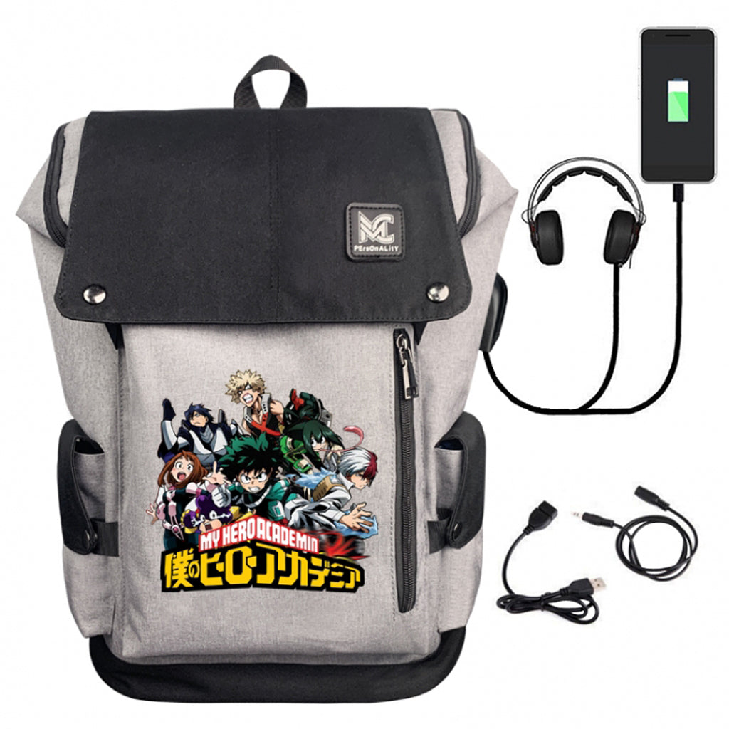 My Hero Academia Grey Backpack - With Charging Cable (Deku, Katsuki, Todoroki)